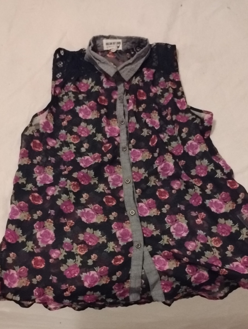 Selena Gomez Black Floral Sleeveless Button-Up Top with Pink Roses
